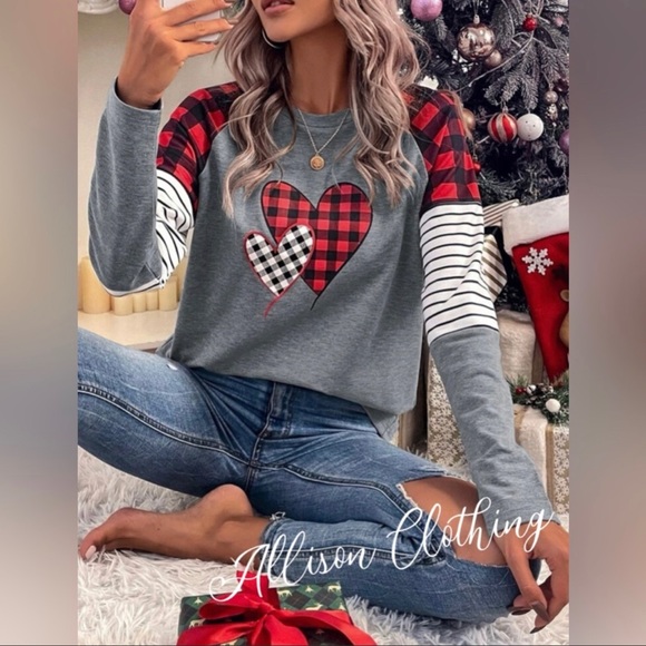 Buffalo Print Hearts Long Sleeve Red Checkered Christmas Top - Picture 2 of 5